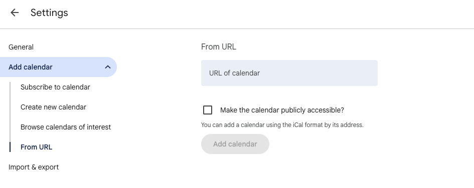 Google Calendar na počítači v sekci Add calendar a volbě From URL