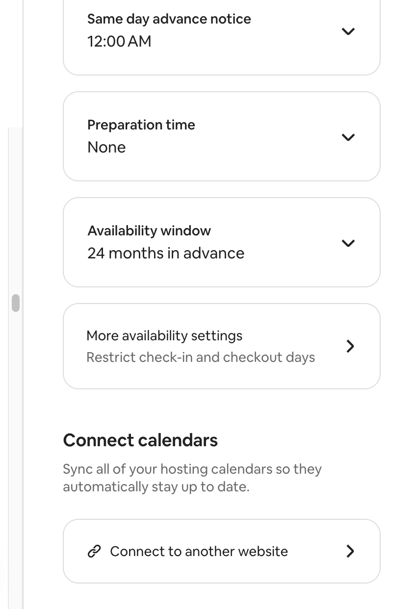 Airbnb availability settings s položkou Connect calendars