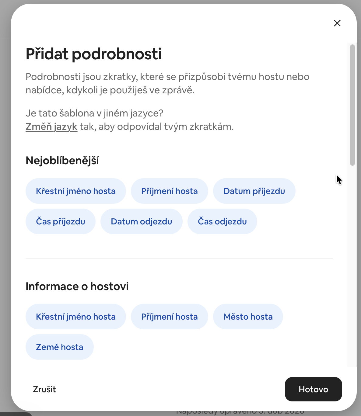 Airbnb panel Přidat podrobnosti
